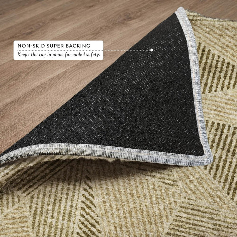 5' X 8' Khaki And Brown Geometric Shag Washable Area Rug With UV Protection