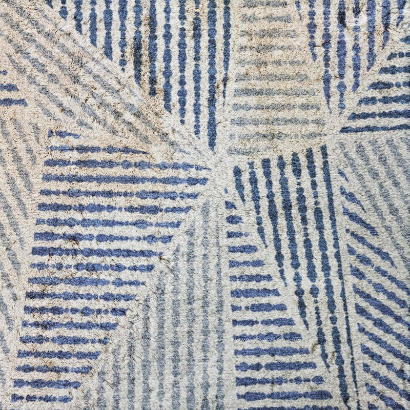 8' Navy Blue And Denim Blue Geometric Shag Washable Round Rug With UV Protection