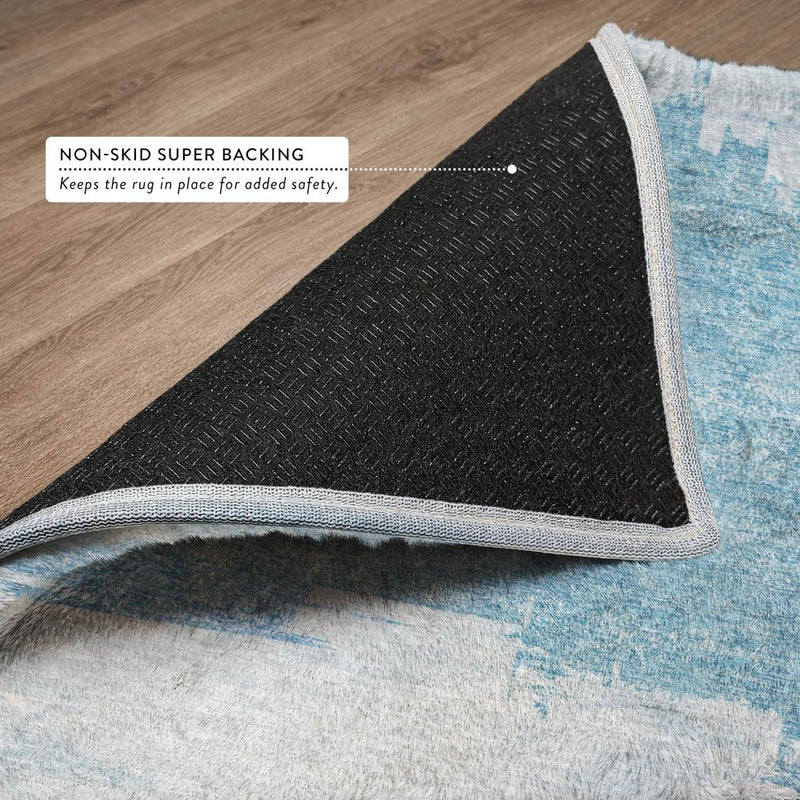 10' X 14' Sky Blue And Blue Abstract Shag Washable Area Rug With UV Protection
