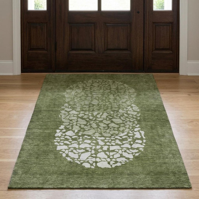3' X 5' Olive Green And Green Abstract Shag Washable Area Rug With UV Protection