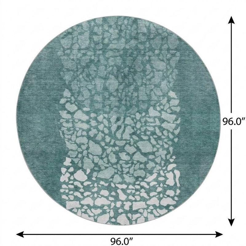 8' Teal And Aqua Abstract Shag Washable Round Rug With UV Protection