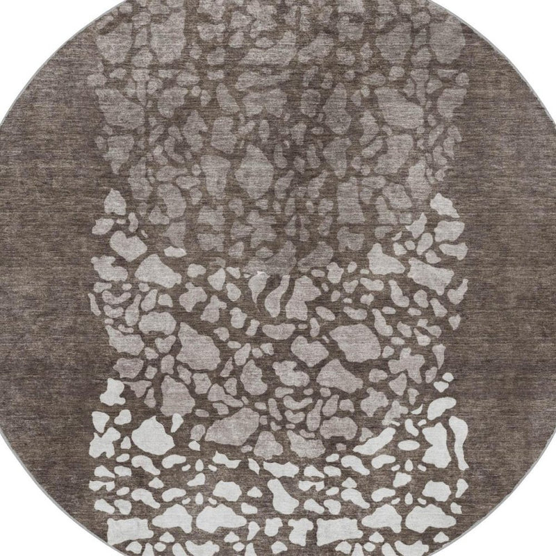 8' Taupe And Brown Abstract Shag Washable Round Rug With UV Protection