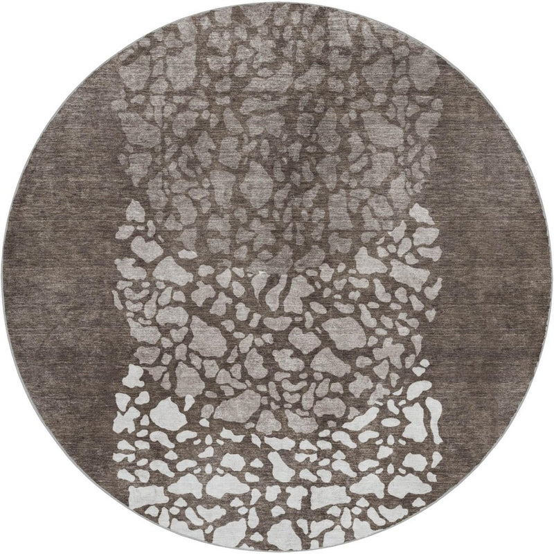 8' Taupe And Brown Abstract Shag Washable Round Rug With UV Protection