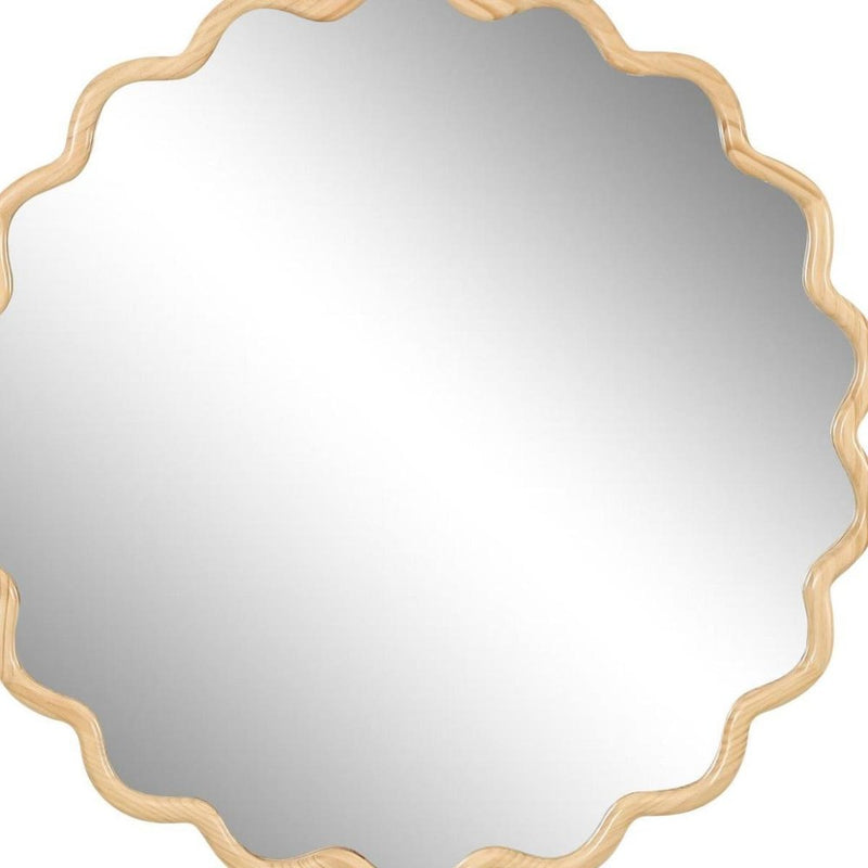 31" Natural Solid Wood Scalloped Round Framed Bathroom Vanity Mirror