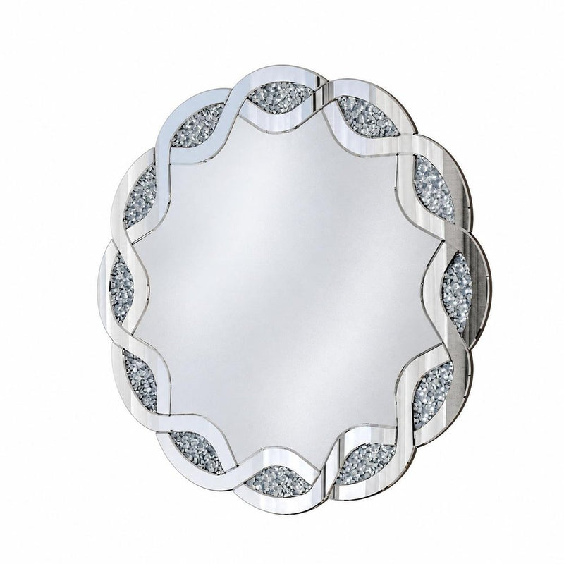 32" Silver Glass And Faux Crystal Round Ornate Framed Accent Mirror