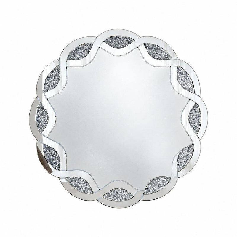 32" Silver Glass And Faux Crystal Round Ornate Framed Accent Mirror
