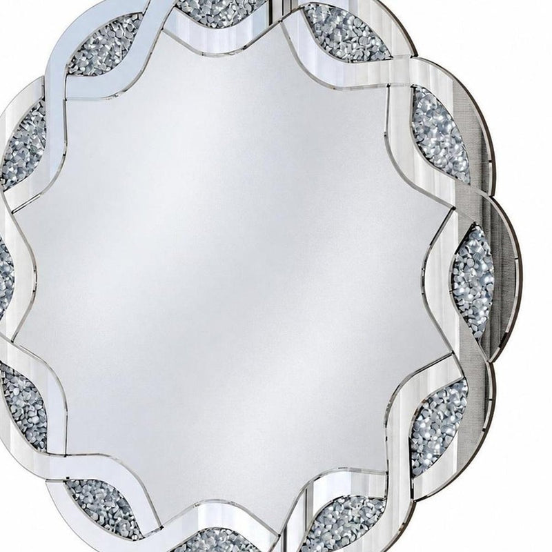 32" Silver Glass And Faux Crystal Round Ornate Framed Accent Mirror
