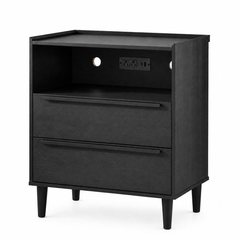 26" Black Wood Two Drawer Nightstand with USB Port and Integrated Tech