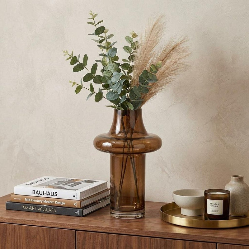 11" Amber And Brown Glass Cylinder Table Vase With Sculptural Details