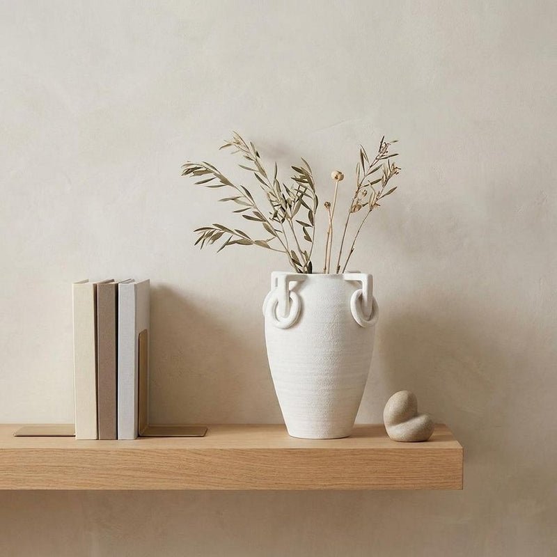11" White Ceramic Amphora Table Vase With Sculptural Details