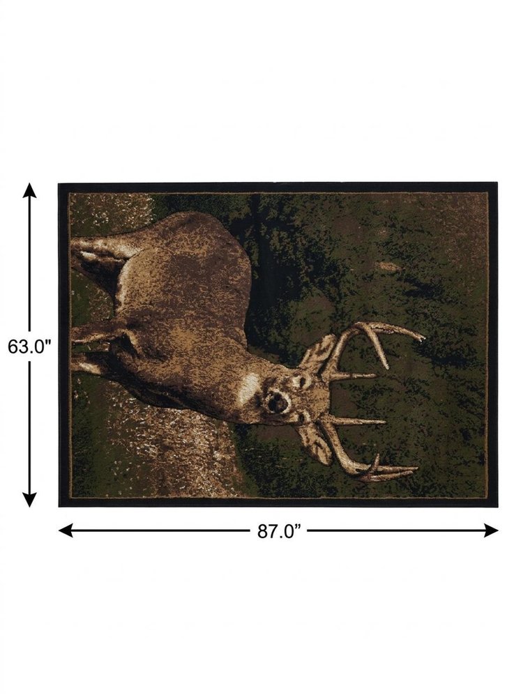5' X 8' Cream Black And Green Deer Area Rug
