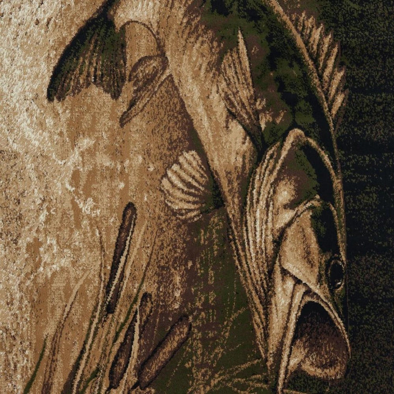 5' X 8' Cream Black And Green Fish Area Rug