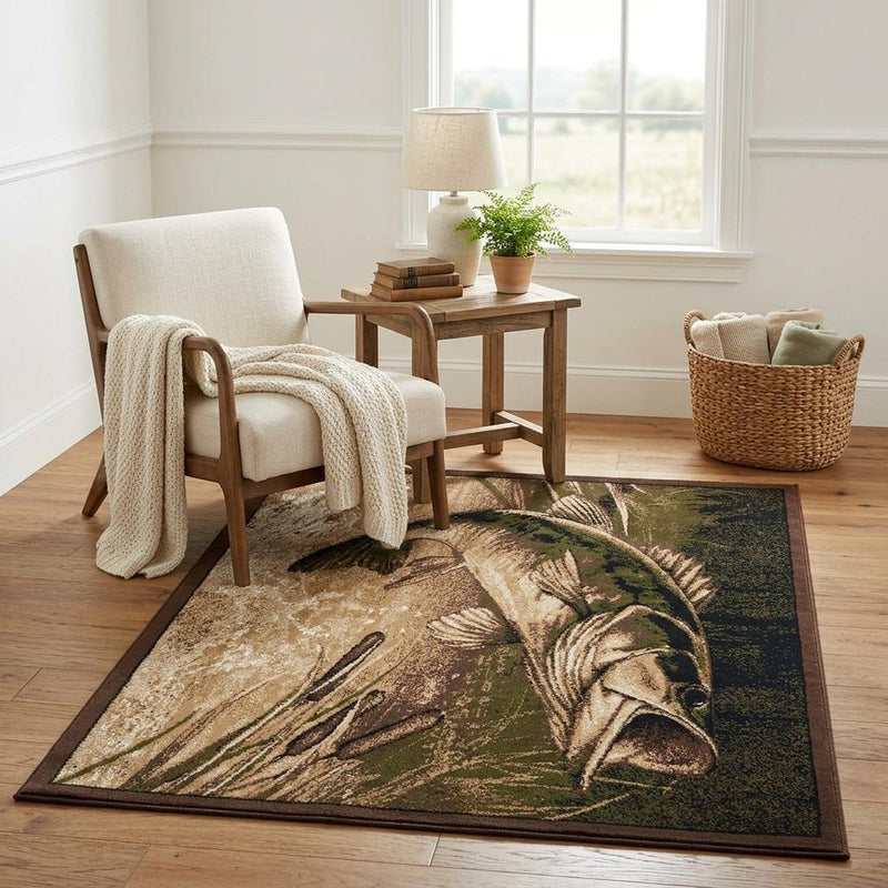 5' X 8' Cream Black And Green Fish Area Rug