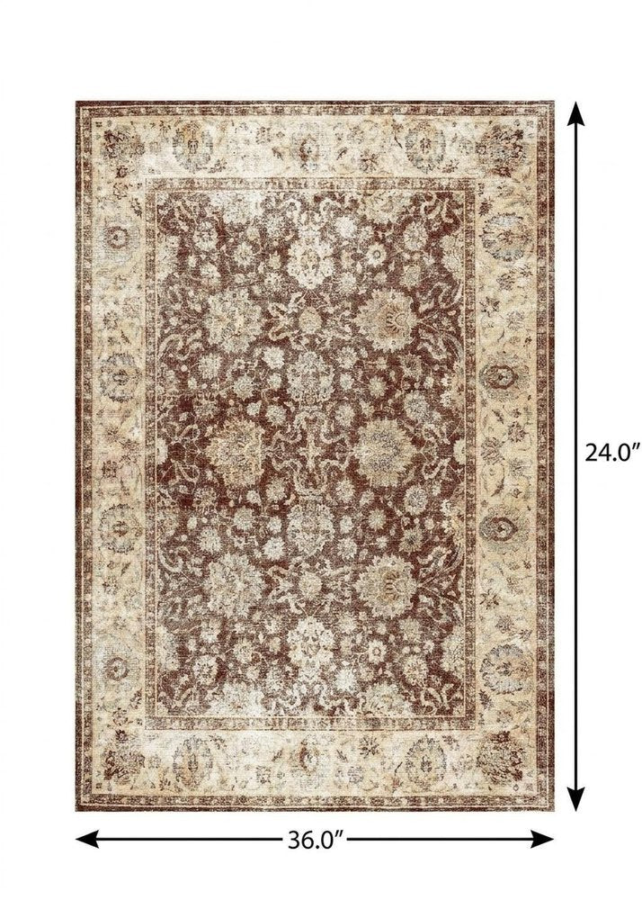 2' X 3' Black And Cream Floral Distressed Washable Area Rug