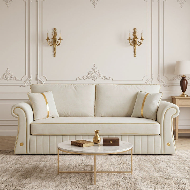Fx-P63-Cw (Sofa)Cream Velvet Sofa For Living Room, Modern Upholstered 3 Seater Couch With Rolled Arms, Luxury Accent Sofa With Wood & Metal Frame, Comfortable Sofa For Apartment, Bedroom And Office