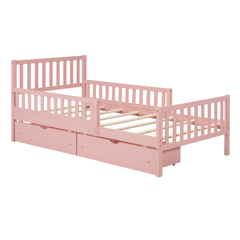 Platform Bed With Guardrails On Both Sides And 2 Storage Drawers