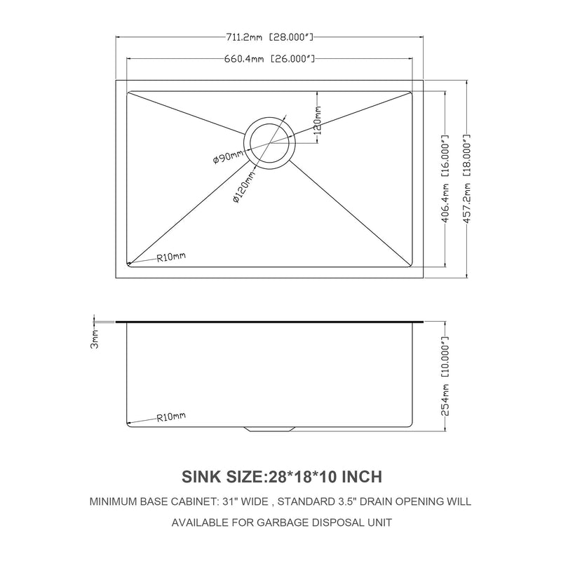 28" Undermount Kitchen Sink 16 Gauge 10" Deep Single Bowl - Gunmetal Black