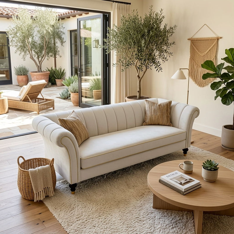 3 Seater Sofa With Rolled Arms, Vertical Channel Tufted Backrest