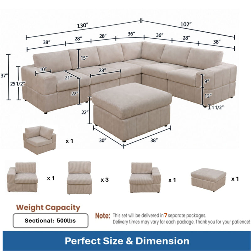 Oversized Modular Sectional Sofa, Reversible With Ottoman