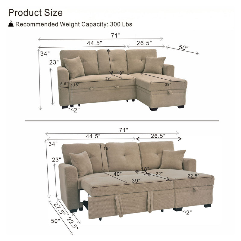 Sleeper Sectional Sofa With Pull Out Bed, Reversible Chaise, Hidden Storage