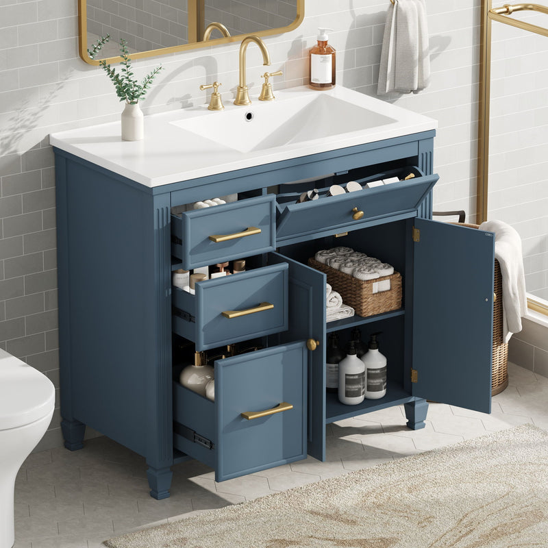 Modern Bathroom Vanity With Ceramic Sink, Freestanding, One Tip Out Drawer, 3 Side Drawers, Adjustable Shelf
