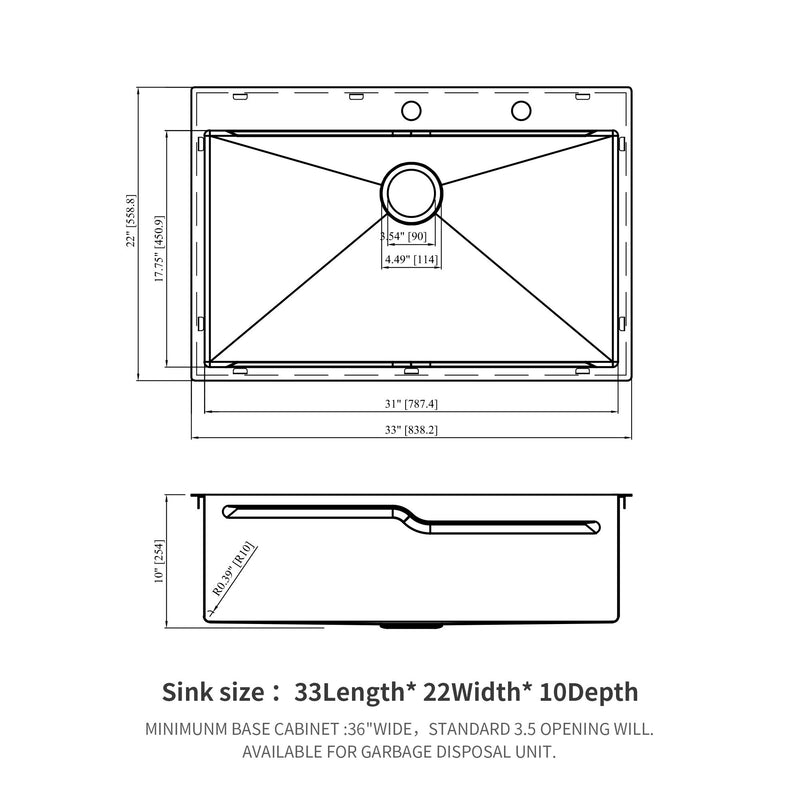 33" Drop In Kitchen Sink With Ledge Workstation, Single Bowl, 16 Gauge Stainless Steel - Black / Gray