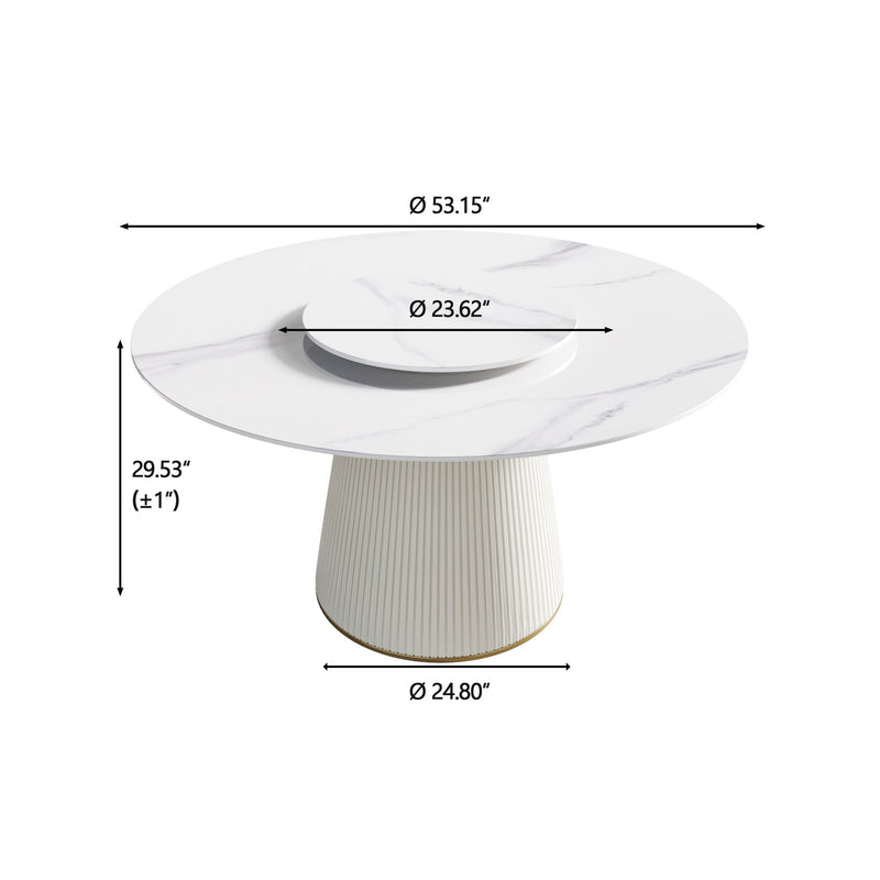 Modern Artificial Stone Round Plywood Base Dining Table, Can Accommodate 6 People, Artificial Stone Turntable (Not Including Chairs) - White / Beige