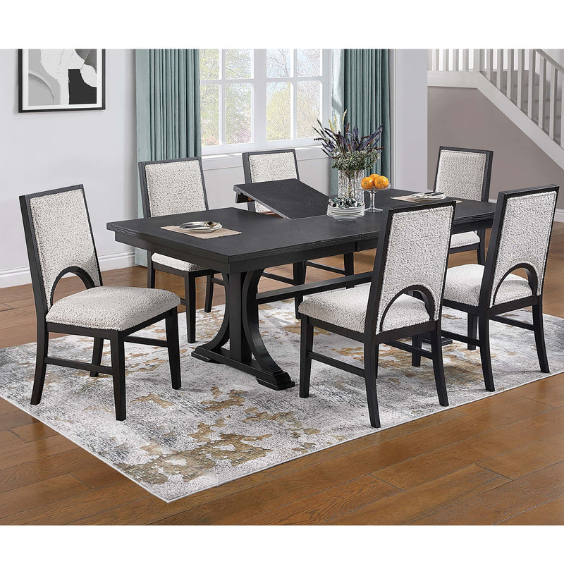 7 Piece Set, Trestle Dining Table And 6 Side Chairs With Cutout Back - Black / Charcoal / White