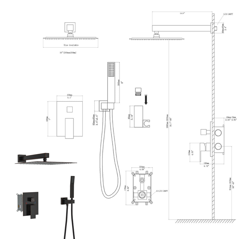 Dual Shower Head 10" Wall Mounted Square Shower System