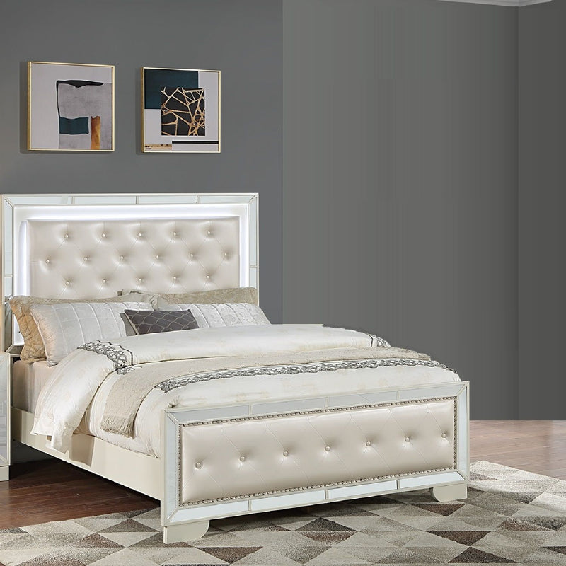 Eastern King Size Bed With LED Lights And Mirror Trim - Cream / Ivory