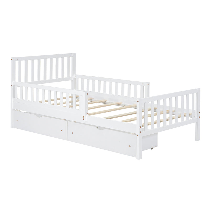 Platform Bed With Guardrails On Both Sides And 2 Storage Drawers